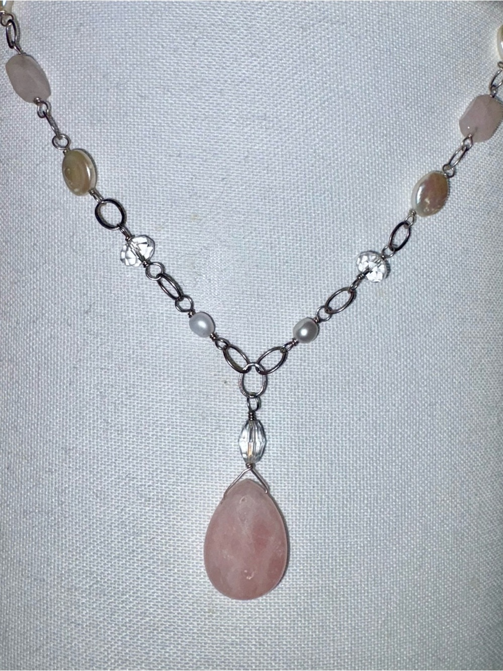 Sterling Silver Rose Quartz Vintage Teardrop Pendant Necklace in Soft Pink